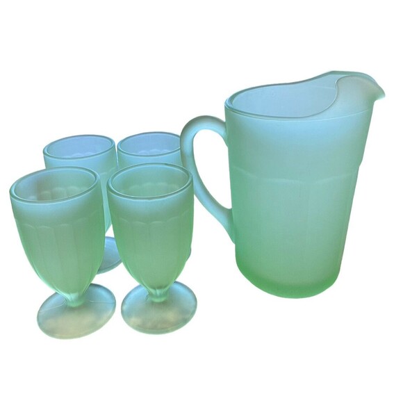 Vintage Jade Green Fogged Glass Pitcher & Goblet Lot of 5 MINTY Rare - Picture 7 of 10